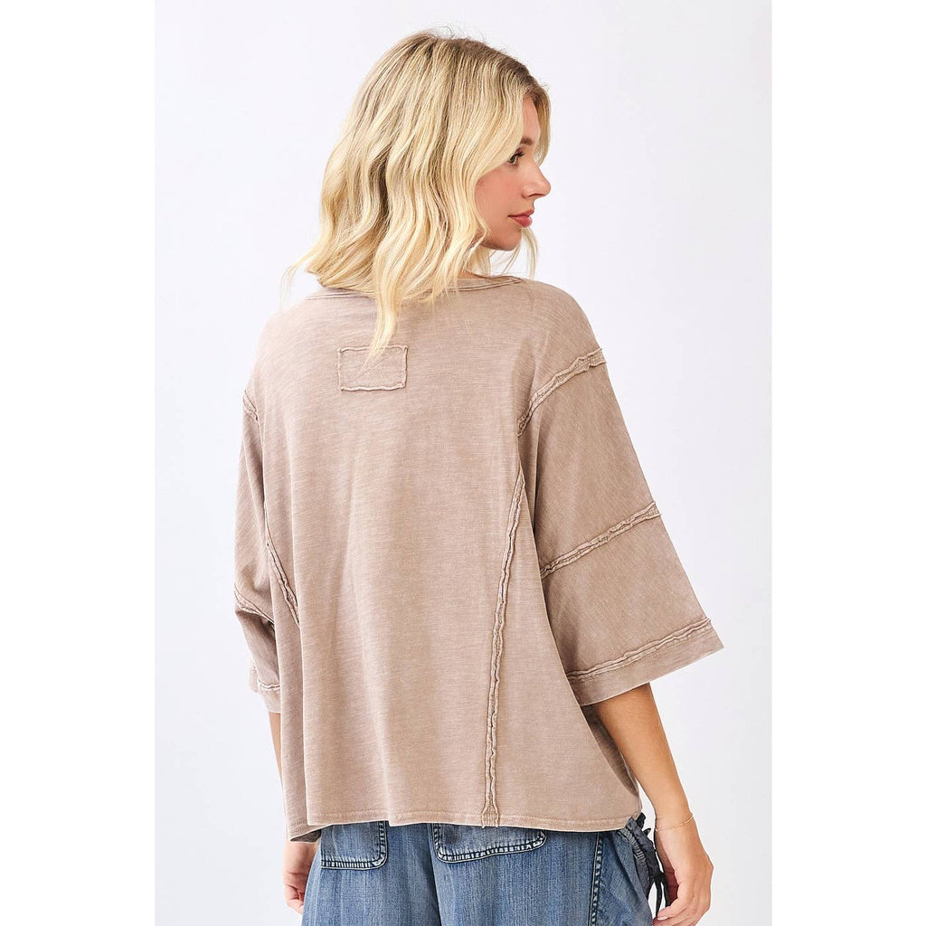 CROCHET PATCH OVERSIZED V-NECK SHORT SLEEVE TOP