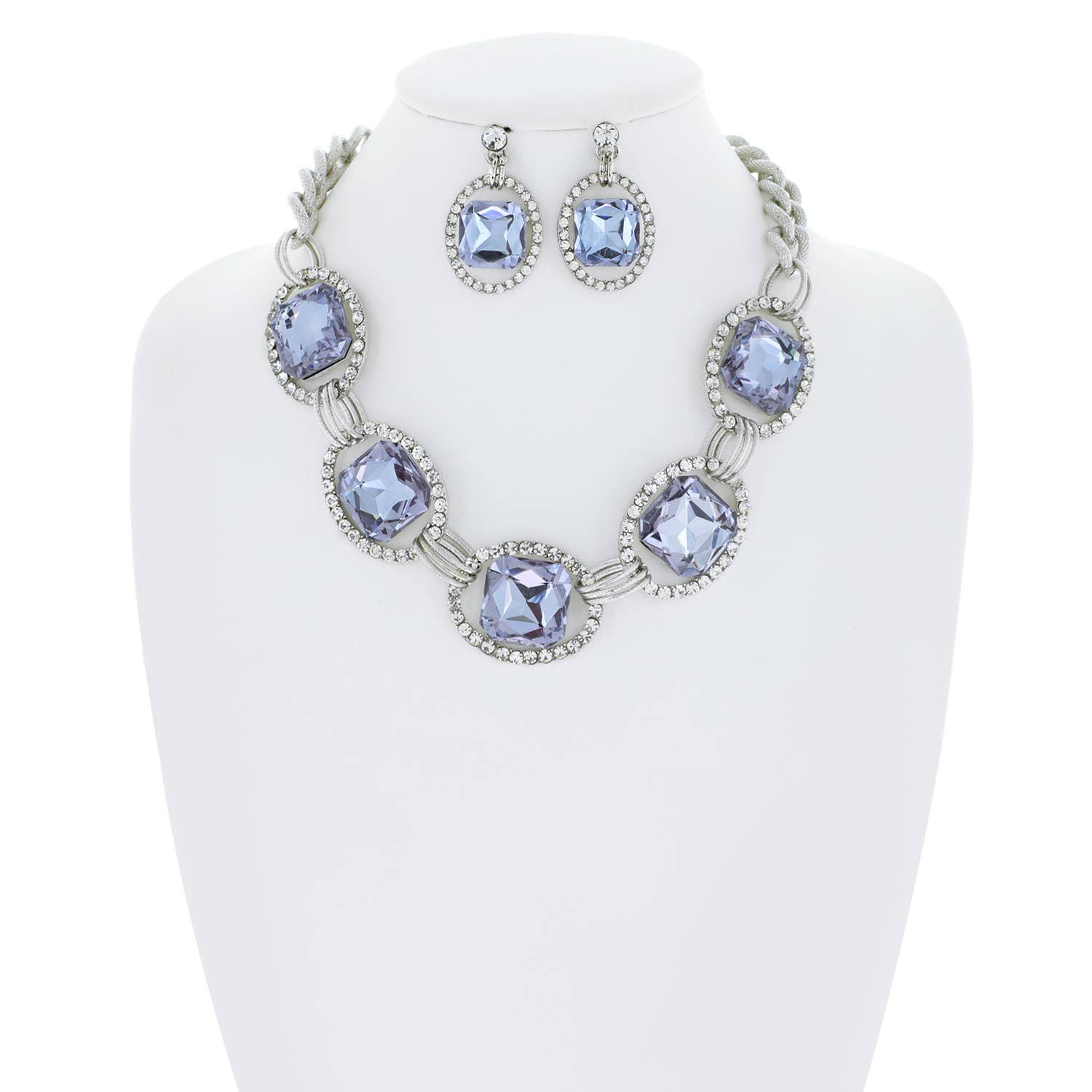 Chunky Oval Rhinestone Gem Link Necklace Set