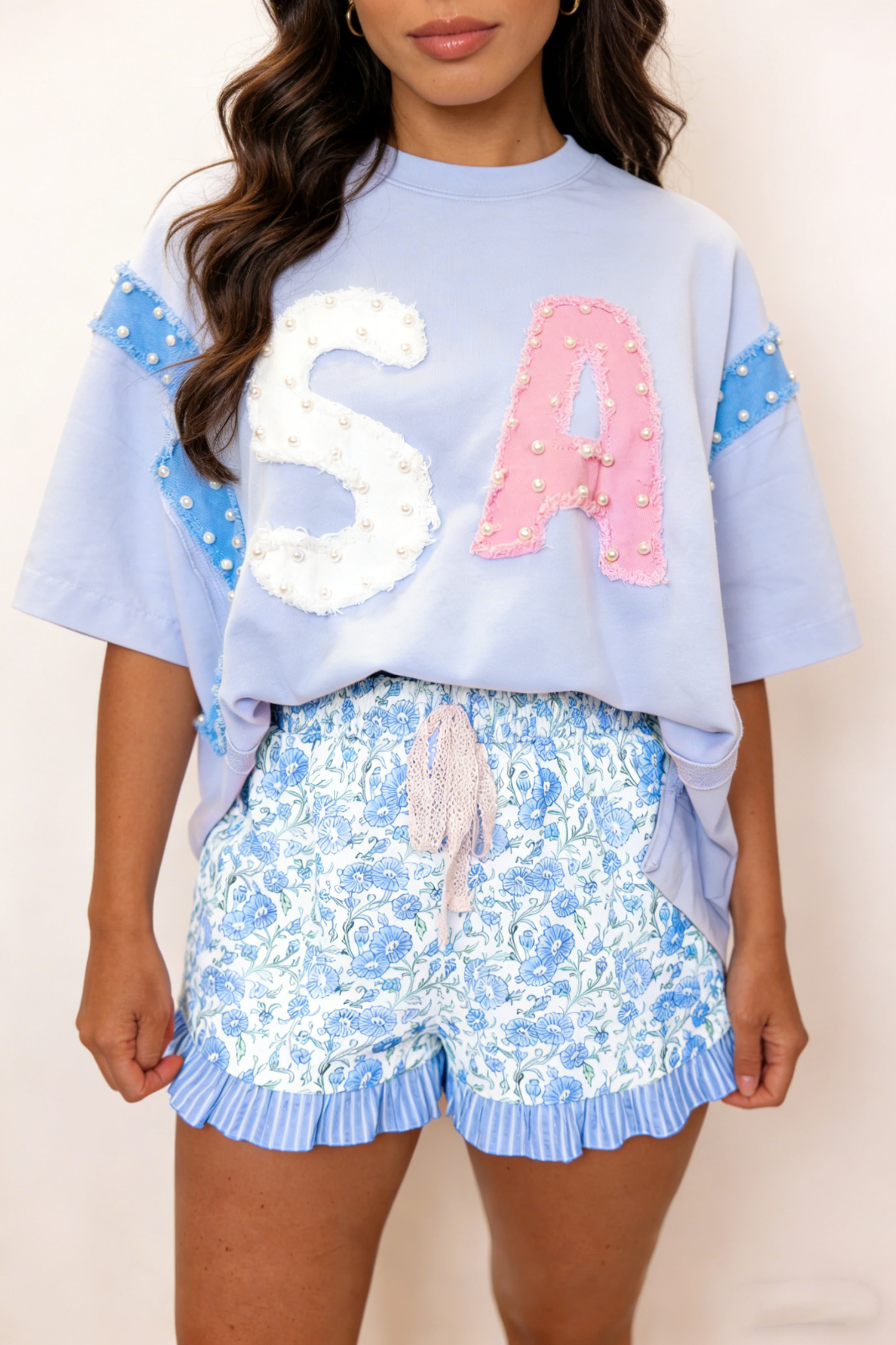 66 Floral Striped Ruffle Hem Lace Tie Shorts (S-XL)