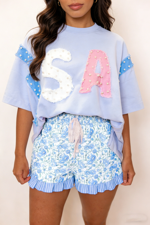 66 Floral Striped Ruffle Hem Lace Tie Shorts (S-XL)