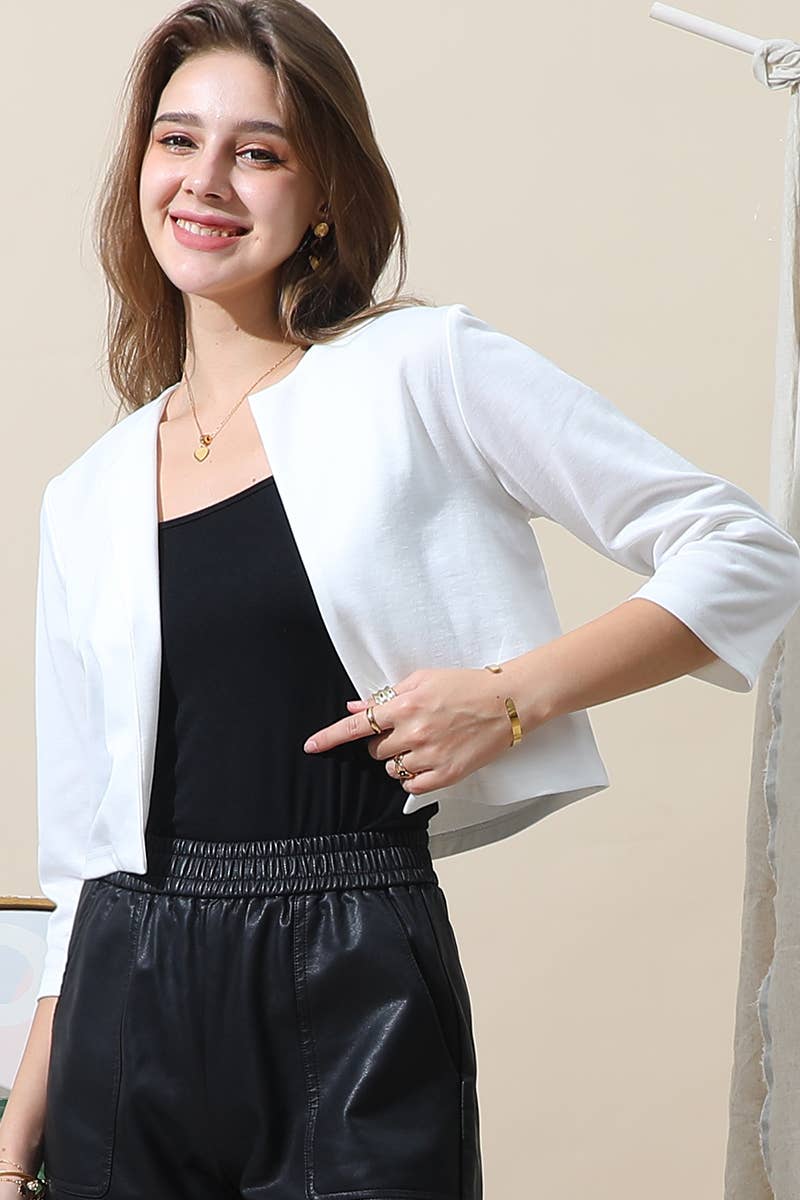 CWOBL105_SOLID OPEN FRONT 3/4 SLEEVE JACKET BLAZER