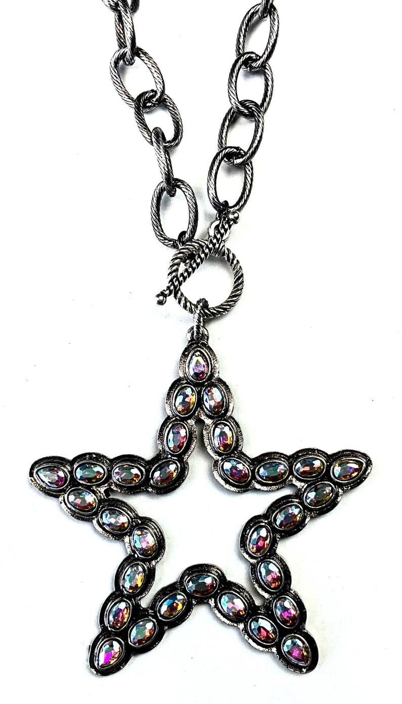 Chain Necklace W/Crystal Ab Star On Front Toggle