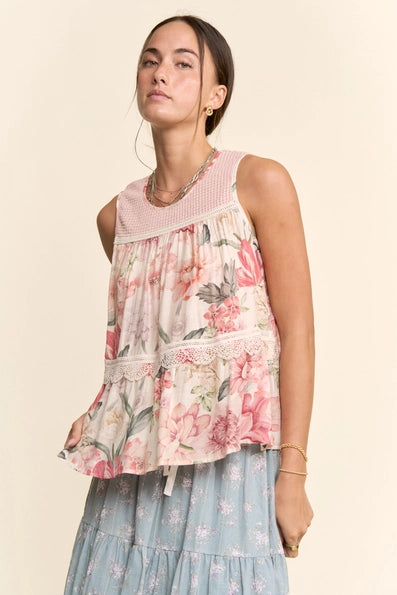 Davi & Dani - Floral Print Babydoll Sleeveless Top
