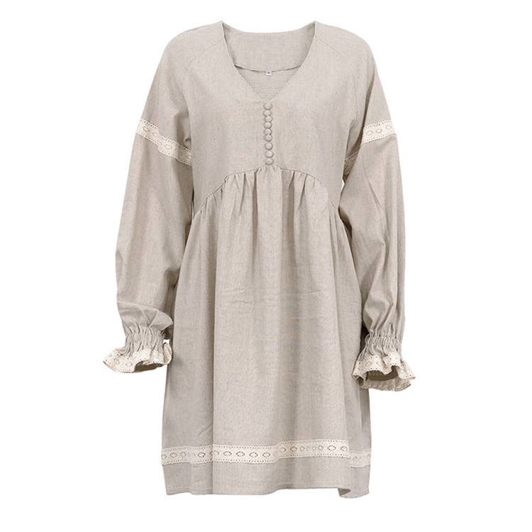 Cotton linen French V-neck lantern sleeve dress