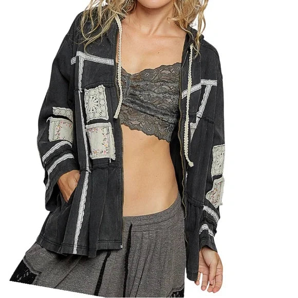 POL - Black Patchwork Jacket with Crochet, Lace and Embroidered Accents