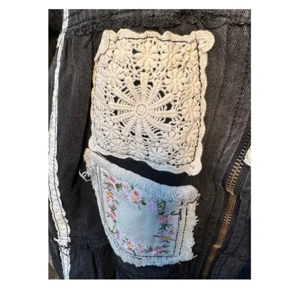 POL - Black Patchwork Jacket with Crochet, Lace and Embroidered Accents