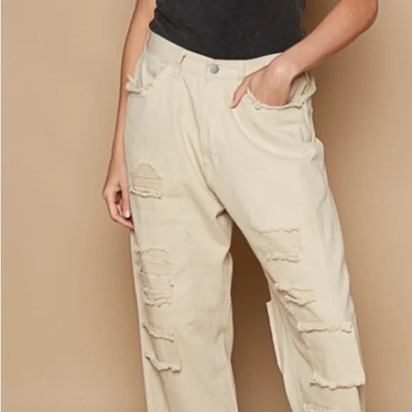 POL - Distressed Boyfriend Beige Pants with Raw Hem
