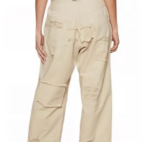 POL - Distressed Boyfriend Beige Pants with Raw Hem