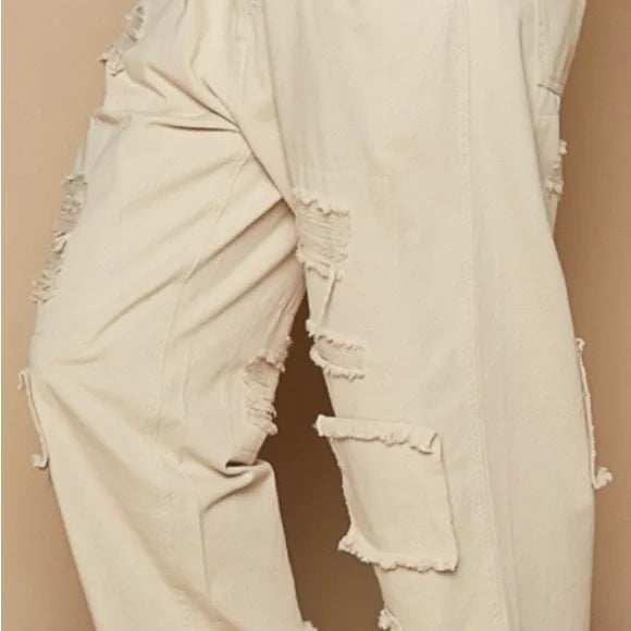 POL - Distressed Boyfriend Beige Pants with Raw Hem