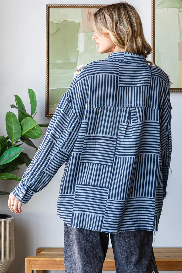 Oli & Hali - Ruffle Contrast Detail Striped Button Down Shirt
