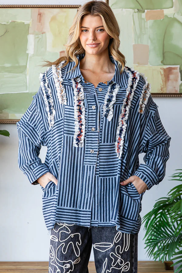 Oli & Hali - Ruffle Contrast Detail Striped Button Down Shirt