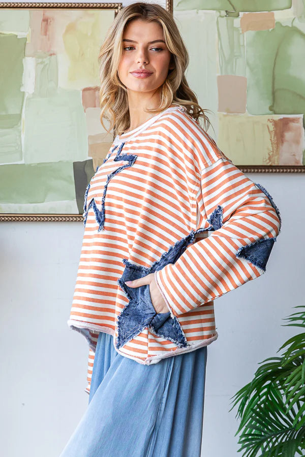 Oli & Hali - Star Patchwork Striped Drop Shoulder Top