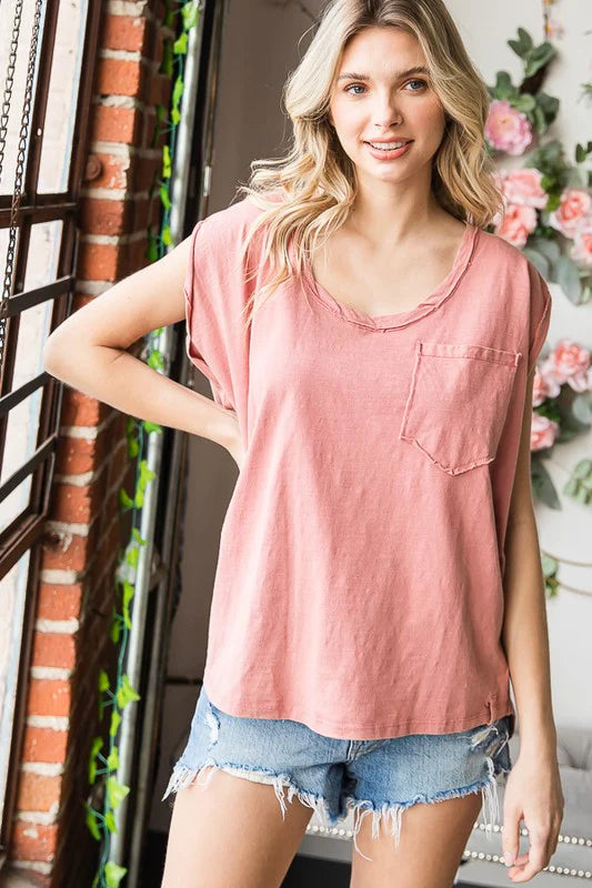 Oli & Hali - Washed Front Pocket Oversized Short Sleeve Top