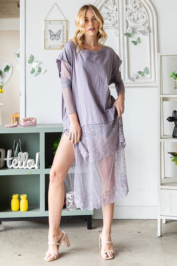 Oli & Hali - Mineral Washed Lace Layered Long Sleeve Top