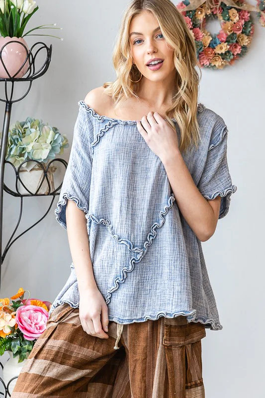 Oli & Hali - Washed Double Gauze Ruffled Detail Oversized Tee