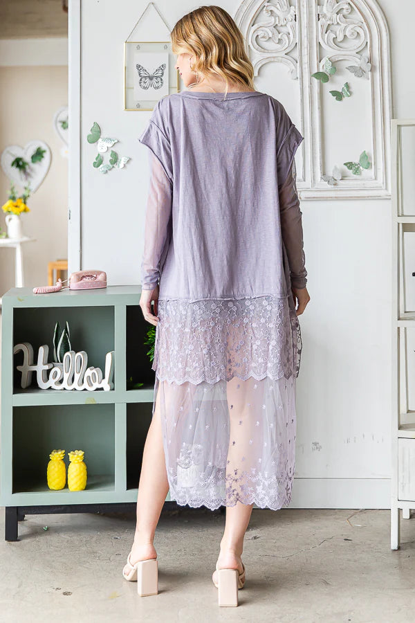 Oli & Hali - Mineral Washed Lace Layered Long Sleeve Top