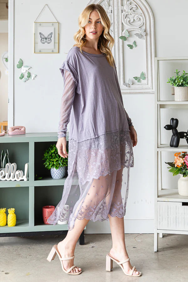 Oli & Hali - Mineral Washed Lace Layered Long Sleeve Top