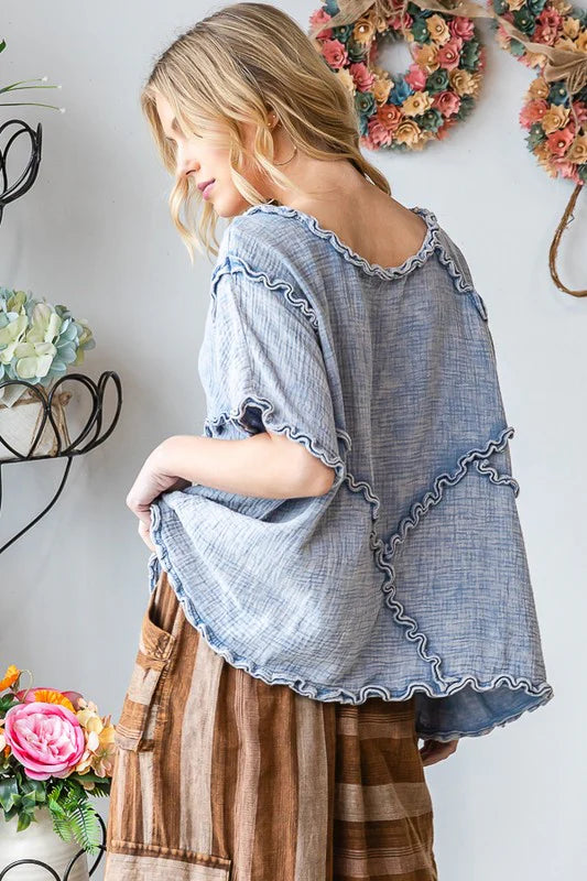 Oli & Hali - Washed Double Gauze Ruffled Detail Oversized Tee