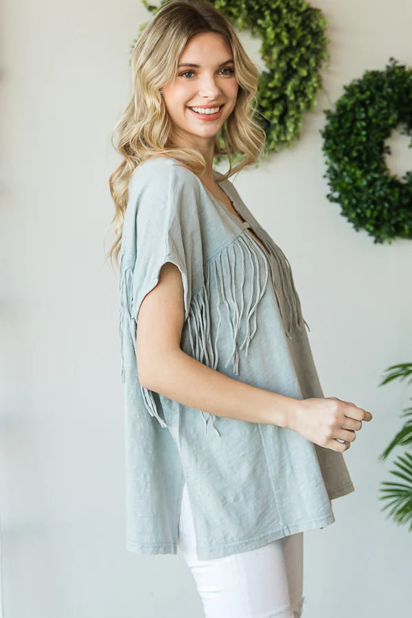 Oli & Hali Washed Keyhole Neck Fringe Detail Short Sleeve Top