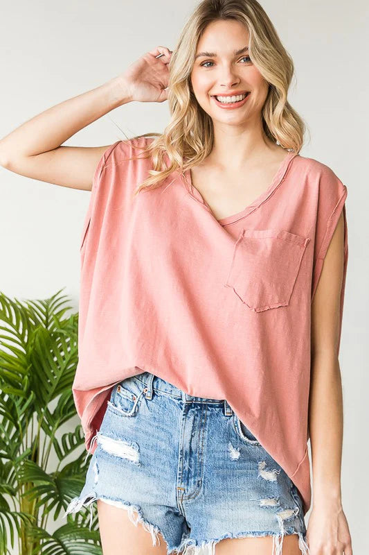 Oli & Hali - Washed Front Pocket Oversized Short Sleeve Top