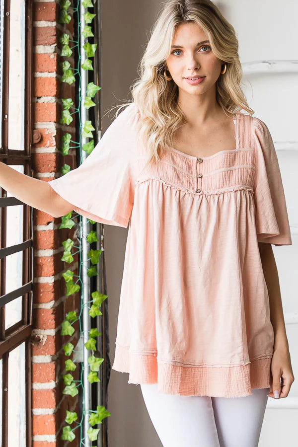 Oli & Hali - Washed Balloon Sleeve Babydoll Top