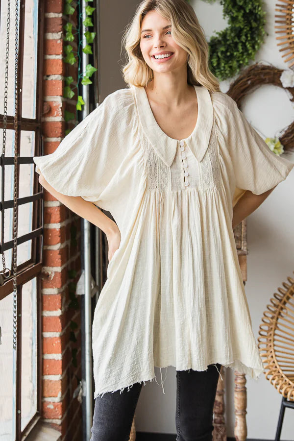 Oli & Hali - Washed Collar Button Pleated Babydoll Tunic Top