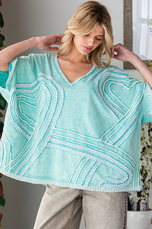 Oli & Hali - Washed Connective Hearts V Neck Top