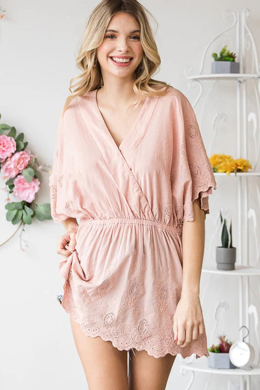 Oli & Hali -  Washed Surplice Front Eyelet Hem Peplum Blouse