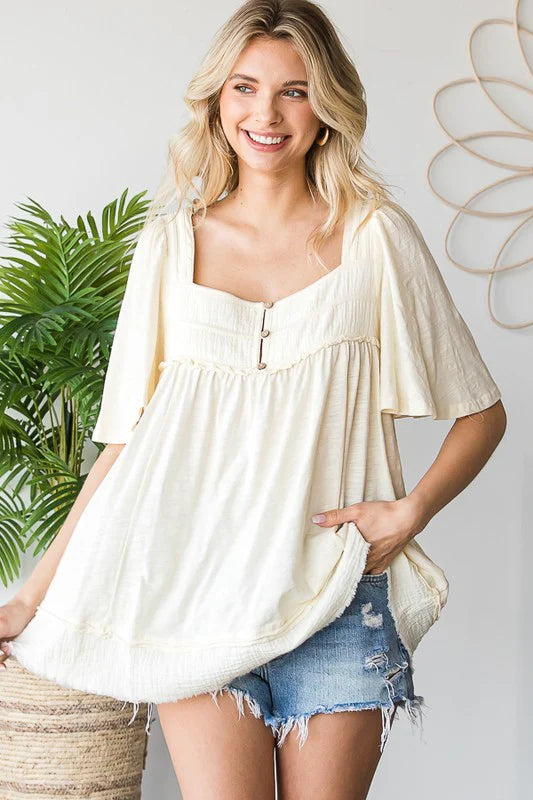 Oli & Hali - Washed Balloon Sleeve Babydoll Top