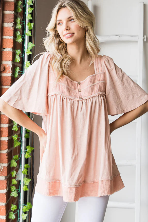 Oli & Hali - Washed Balloon Sleeve Babydoll Top